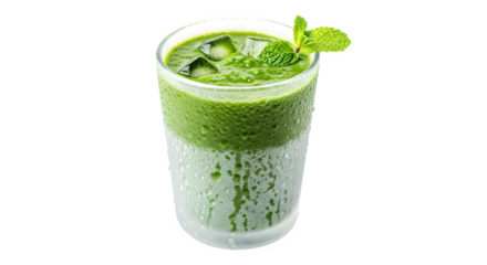 Refreshing green smoothie with ice cubes and mint garnish
