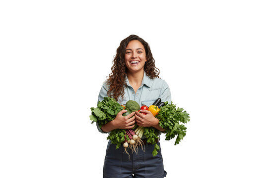 A beaming young woman with curly hair holds a large armful of fresh, colorful vegetables