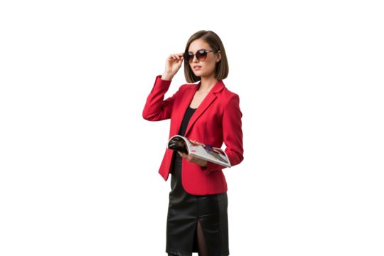 A chic young woman in a red blazer and black skirt holds a magazine and adjusts her sunglasses