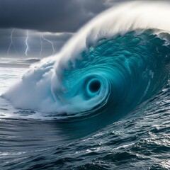A colossal, surreal ocean wave forms a swirling vortex during a dramatic and powerful thunderstorm with lightning in the background