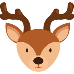 Flat Design Cartoon Deer Head with Antlers Brown Ears and Eyes on a Transparent Background Minimalist Wildlife Animal Illustration for Holiday and Nature Themes