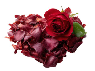Heart made of red rose petals with single rose.