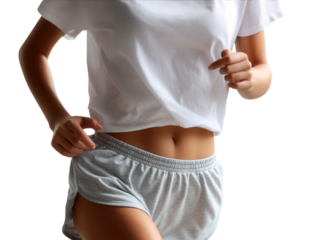 Athletic woman running in white sportswear on light background.