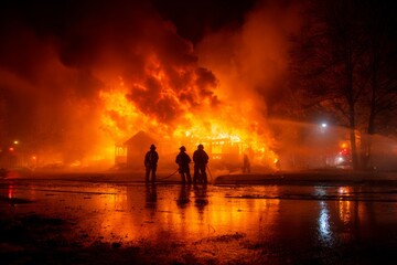Fototapeta premium Firefighters work to extinguish a large house fire burning intensely at night