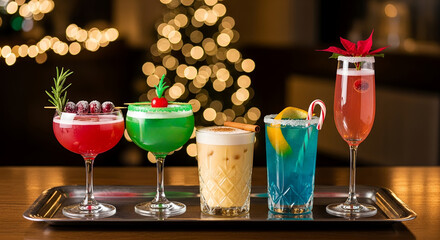 Colorful holiday cocktails served on a tray with festive backdrop  