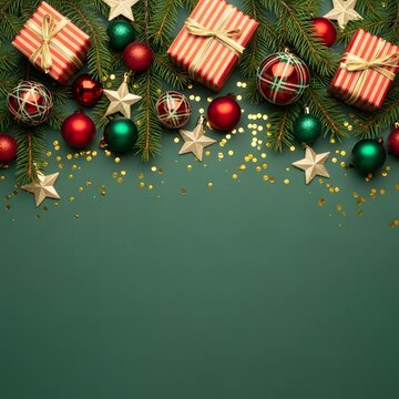 Festive christmas arrangement with gifts ornaments stars and confetti on a green background view from above