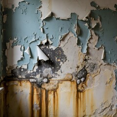Close-up of a derelict wall with flaking blue paint and rust stains from water damage