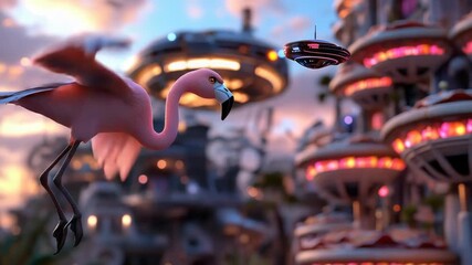 Brainrot, cinematic 3D flamingo in a business suit flying a UFO above a city made of giant pizzas, surreal meme chaos, vibrant photorealistic humor