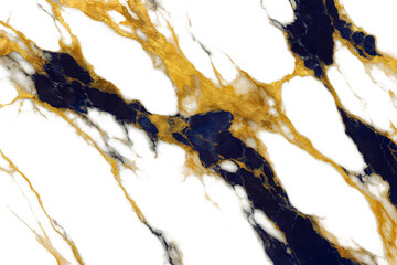 Luxury white marble texture background with gold and navy blue veins. Abstract fluid ink art pattern on stone surface. Elegant backdrop for interior design and wallpaper.