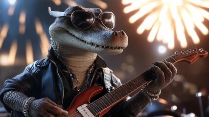 Brainrot photorealistic 3D crocodile dressed as rockstar plays a guitar on stage, fireworks in the background, surreal humorous music scene, copy space