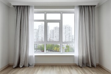 Fototapeta premium Interior space features large window with flowing draperies overlooking a cityscape