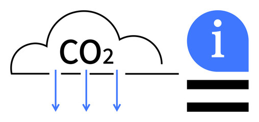 CO2 cloud with downward arrows indicating emissions alongside a blue information icon. Ideal for environment, sustainability, climate change, pollution, education, awareness, resource saving. Simple