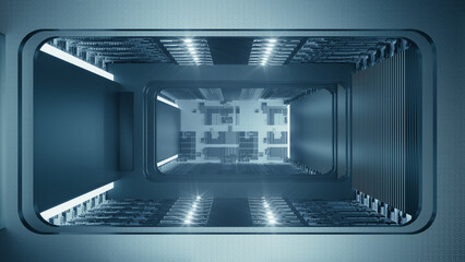 Exploring a futuristic technological corridor filled with servers