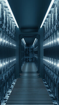 Exploring a futuristic technological corridor filled with servers