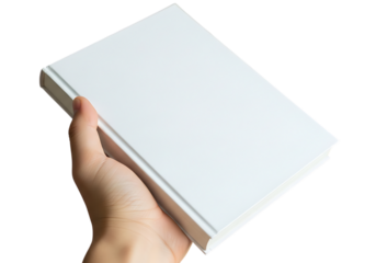Hand holding a blank white book isolated on transparent background