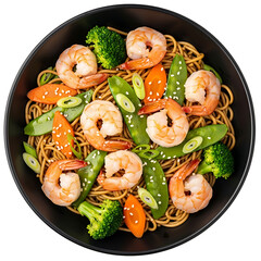 Shrimp and vegetable stir fry noodle dish in a black bowl isolated on transparent background