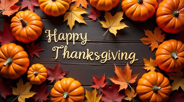 Happy Thanksgiving greeting with assorted pumpkins and vibrant autumn leaves arranged on a dark textured background, top-view composition, warm festive lighting - Powered by Adobe