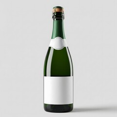 An elegant green glass bottle of sparkling wine with a blank white label, ideal for mockups, isolated on a neutral grey background
