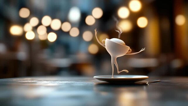 Meme Italian brainrot character with rotten Ballerina dancing on a table near a cup of cappuccino - Funny cute character with a cup of coffee,