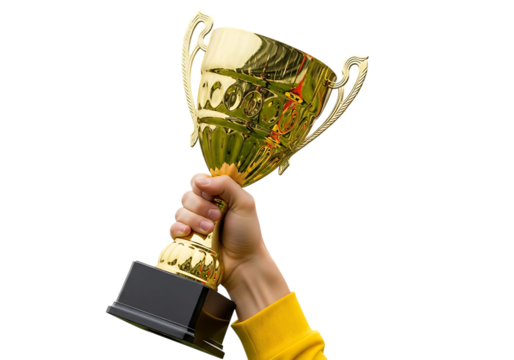 Hand holding a golden trophy isolated on transparent background