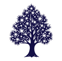 Stylized tree illustration featuring star shaped leaves in dark blue against a white background