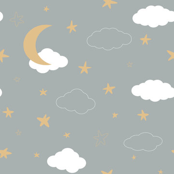 Seamless pattern with crescent moon, clouds and stars. Vector illustration of stars and clouds on a gray background, seamless pattern for children with night sky