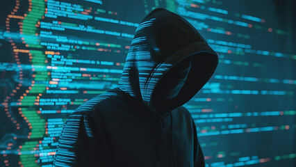 Intense cyber security hacker coding with glowing data display screen