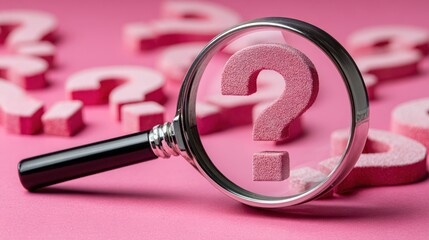 A magnifying glass focuses on a pink question mark with blurred question marks in the background