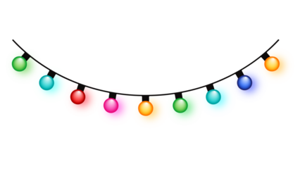 Bright, hanging string of colorful round lights with gradient effect. Ideal for parties, holiday banners, and festive decorations. PNG with white background.