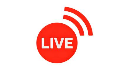 A red circle with the word live in white and red broadcast waves on a black background