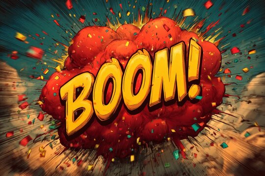 Energetic boom sound effect word balloon bursting with colorful confetti - Powered by Adobe