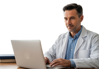 Doctor working on laptop isolated on transparent background