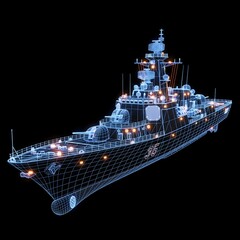 AI-driven design concept of a futuristic naval destroyer. 3D wireframe rendering of a military battleship for advanced maritime defense systems