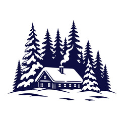Winter scene illustration of a cozy cabin in a snowy forest with smoke rising