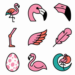Flamingo Icons Set – Pink Flamingo, Beak, Wing, Feathers, Egg and Tropical Bird Elements Vector Illustration