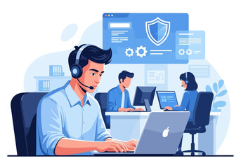 Customer service representative wearing headset and typing on laptop in modern office with colleagues and security interface on screen