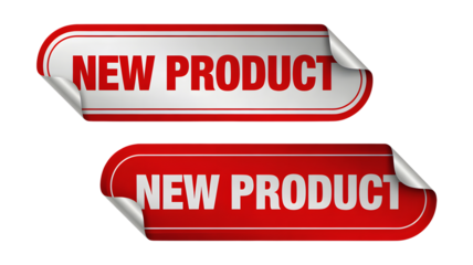 Two new product stickers with red and white color schemes on a black background design element