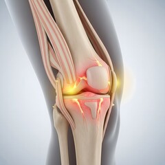 3D medical illustration of a painful human knee joint, highlighting inflammation, arthritis, and skeletal anatomy