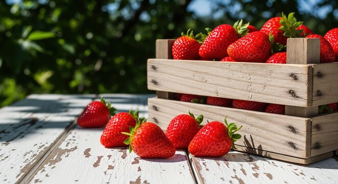 Caja de madera r&uacute;stica llena de fresas rojas maduras sobre una mesa blanca en un jard&iacute;n soleado de verano.
