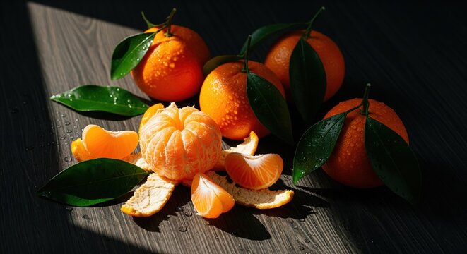 Mandarinas frescas con hojas verdes sobre una mesa de madera oscura bajo luz solar intensa y sombras marcadas.
