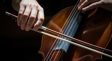 Close-up shows playing cello with hands drawing bow across strings. Playing cello provides beautiful music. Enjoy playing cello at concert hall for performance.