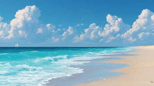 Tranquil seaside escape featuring gentle waves lapping at the sandy beach under clear summer skies