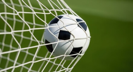 Fototapeta premium Goal net with soccer ball shown against green field. Goal net action shows scored goal. Concept goal net as symbol of sport, with classic ball,