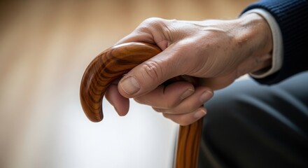 Holding walking cane, a supportive walking cane helps aging adult. Holding walking cane offers assistance, and caring for elderly requires tools like walking cane.