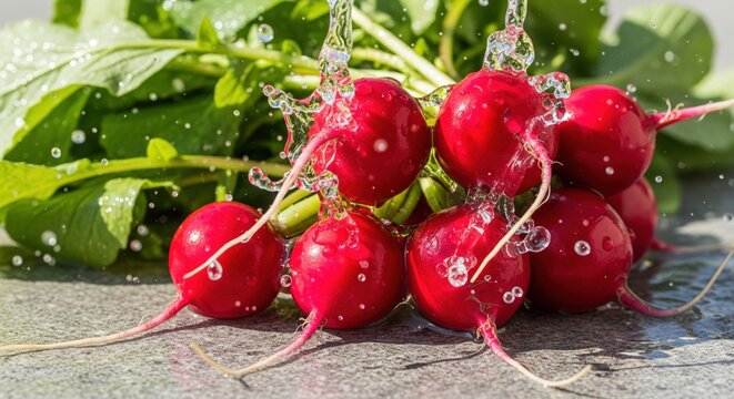 Mojo de r&aacute;banos rojos frescos lav&aacute;ndose bajo un chorro de agua cristalina con salpicaduras din&aacute;micas sobre una superficie gris.
