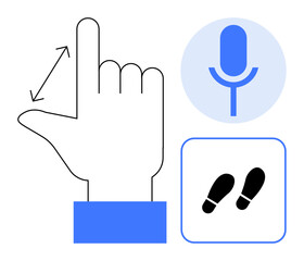 Hand gesture with directional arrows, microphone icon, and footprint symbol. Ideal for technology, user interface, accessibility, communication, navigation automation innovation. Simple flat