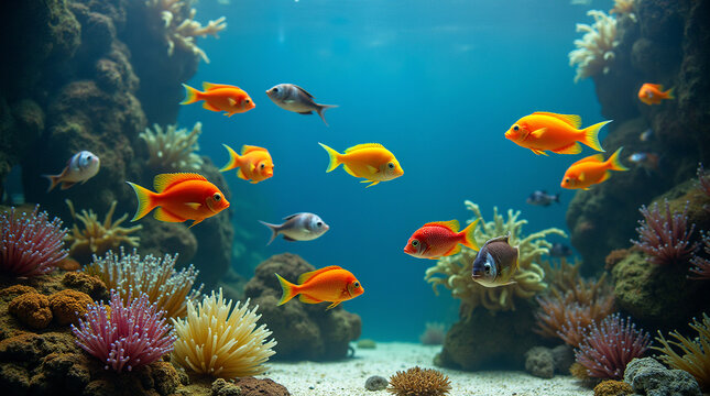 A clear and colorful freshwater aquarium filled with vibrant tropical fish swimming around stones - Powered by Adobe