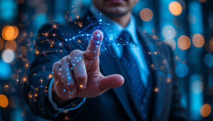 Businessman touching futuristic digital network interface