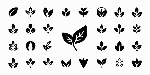 Obraz premium Leaf Collection: A set of minimalistic black leaf icons, ideal for representing growth, nature, and organic elements in design.