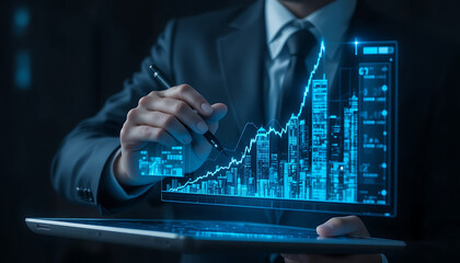 Businessman analyzing futuristic financial growth graph